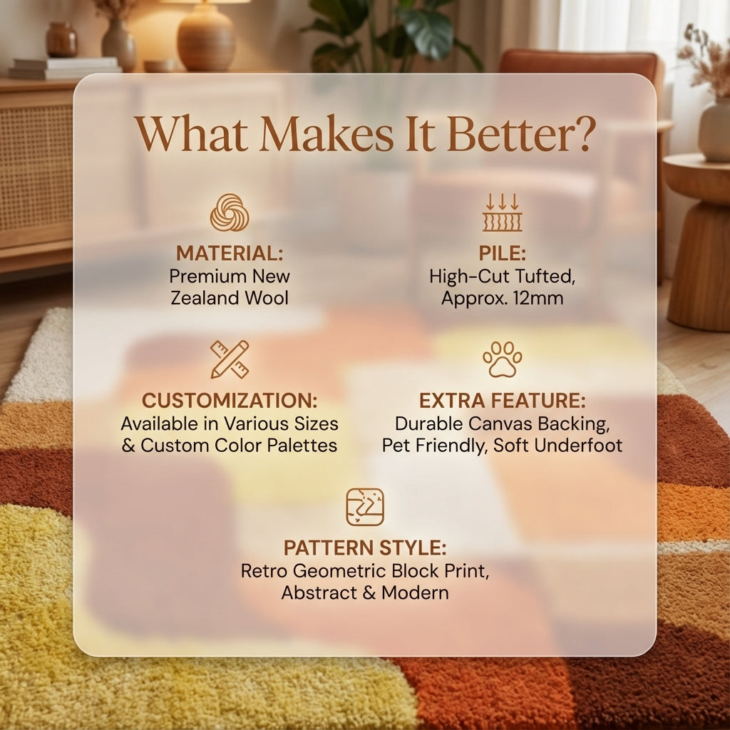 Handmade tufted rug with retro geometric design in warm sunset tones, mid century wool area rug