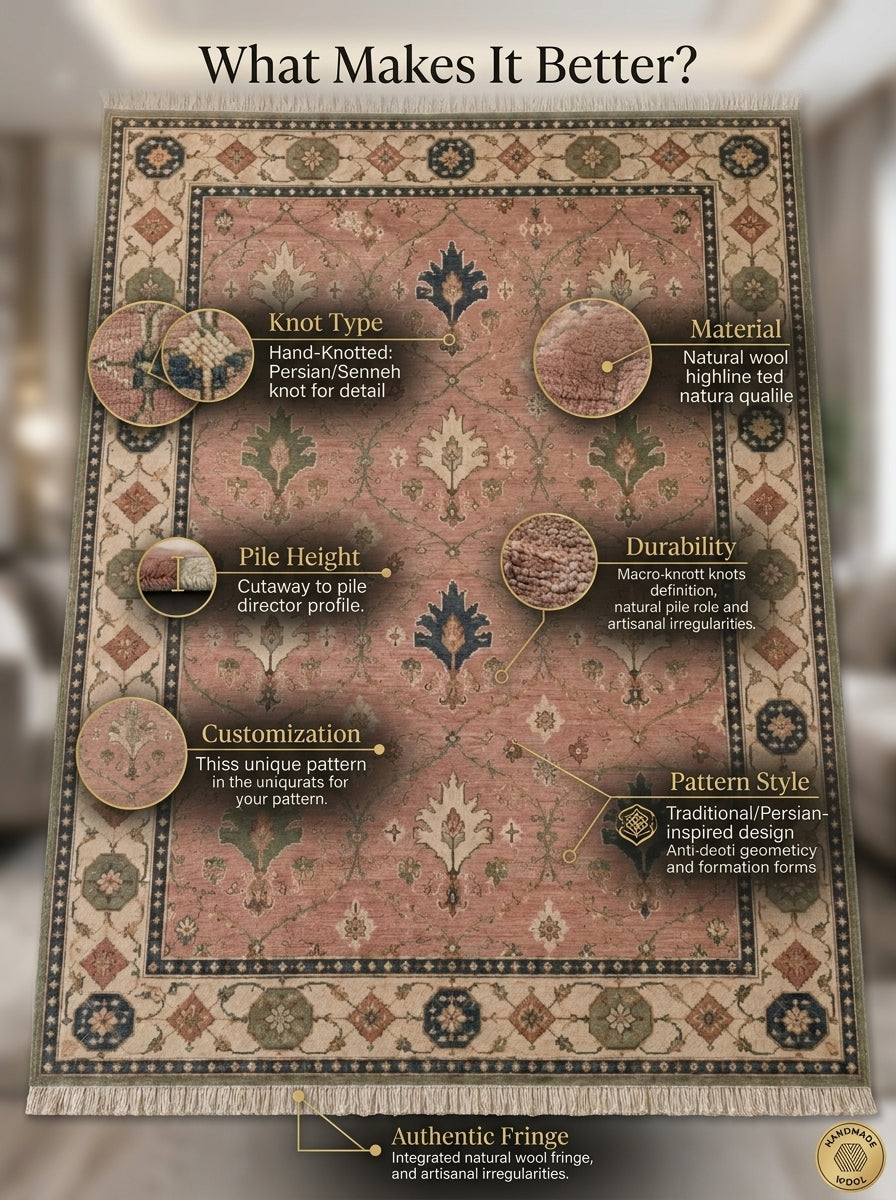Blush Pink Palmette Hand Knotted Wool Rug, Floral Ogee Lattice Ivory Border