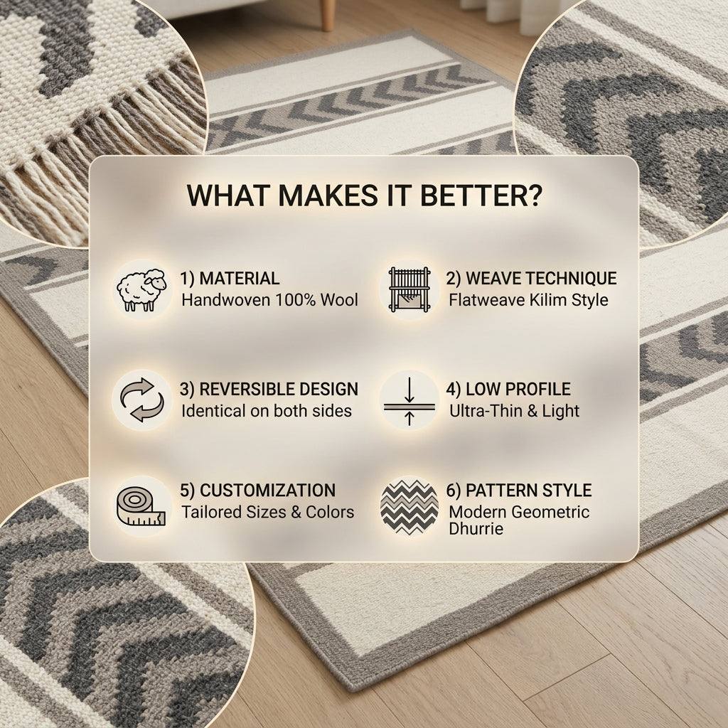 Southwestern Flatweave Wool Rug in ivory, taupe and charcoal, with geometric chevron bands, textured weave and fringed edges.