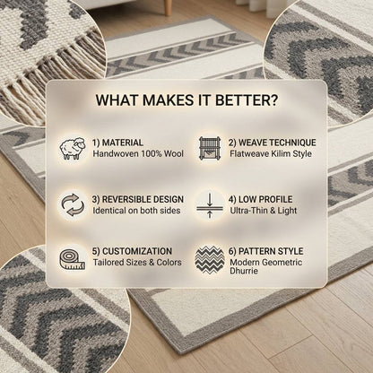 Southwestern Flatweave Wool Rug in ivory, taupe and charcoal, with geometric chevron bands, textured weave and fringed edges.