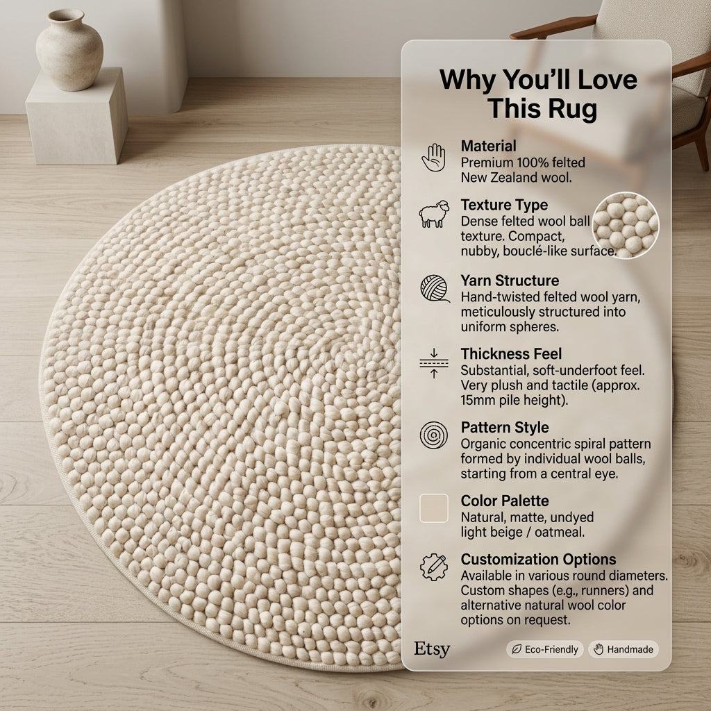 Chunky Wool Rug in natural ivory felted wool, round with dense raised wool balls arranged in a concentric spiral pattern.