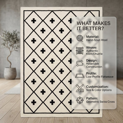 Southwestern Flatweave Wool Rug in ivory with a black diamond lattice and Swiss cross motifs, framed edges, and flatwoven texture.