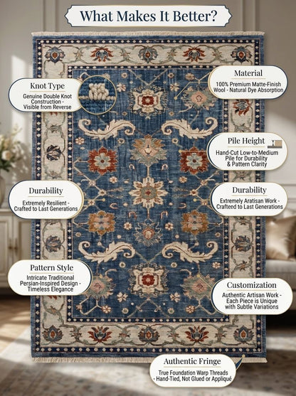 Oushak Hand Knotted Rug in navy and ivory wool, with scrolling floral motifs, rust accents, and a wide border.