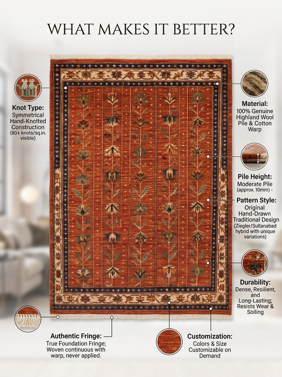 Oushak Hand Knotted Rug in rust red wool, with vertical floral stems and an ivory, navy and gold border.