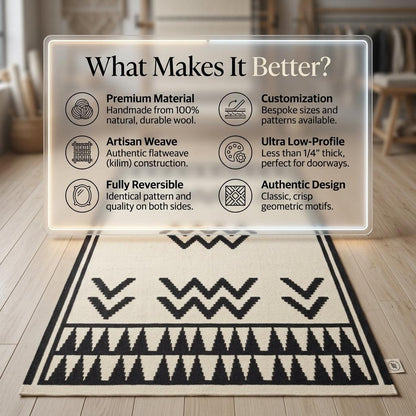 Runner rug, ivory wool with bold black zigzags and geometric tribal borders; Hand Knotted Oushak Runner Rug with low-profile weave.