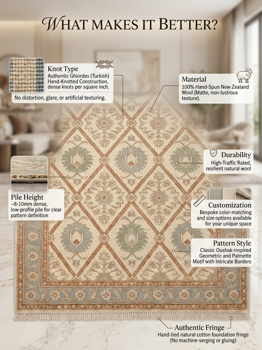 Ivory Garden Lattice Hand Knotted Wool Rug, Floral Powder Blue Border