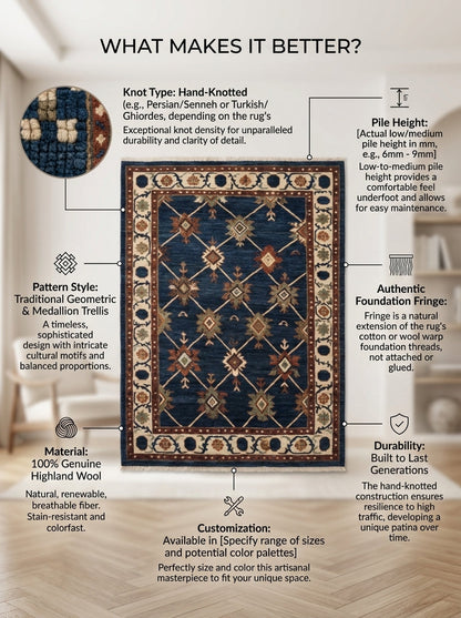 Oushak Hand Knotted Rug in navy and ivory wool, with geometric lattice, rust star motifs, floral border and fringe.