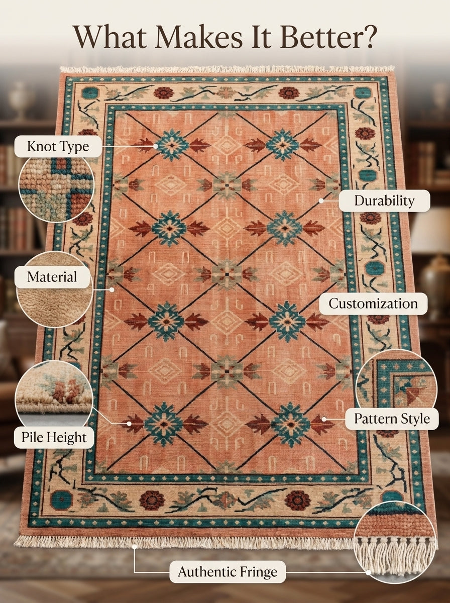 Terracotta Teal Trellis Hand Knotted Wool Area Rug with a faded terracotta field, teal medallions, ivory floral border and fringe.