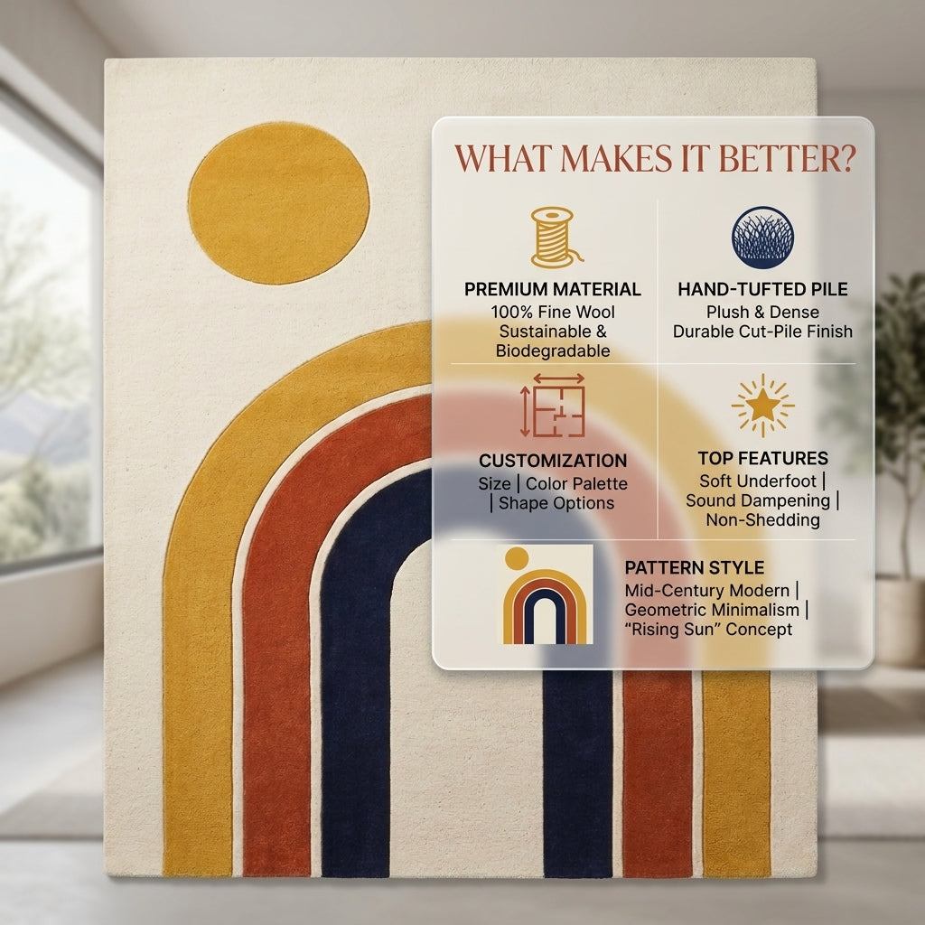 Handmade Retro Rug with mustard, rust, navy and ivory wool arches, a sun circle, and graphic mid-century styling.