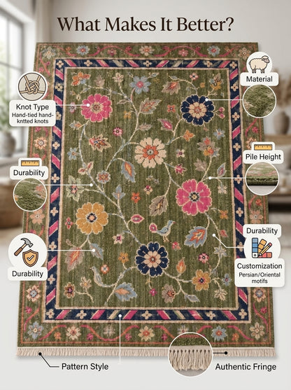 Olive Green Floral Bird Hand Knotted Wool Rug, Folk Garden Pink Navy Border