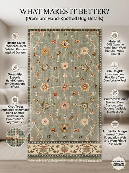 Oushak Hand Knotted Rug in muted sage green wool, with scattered floral vines, ivory border, teal guard bands and fringe.