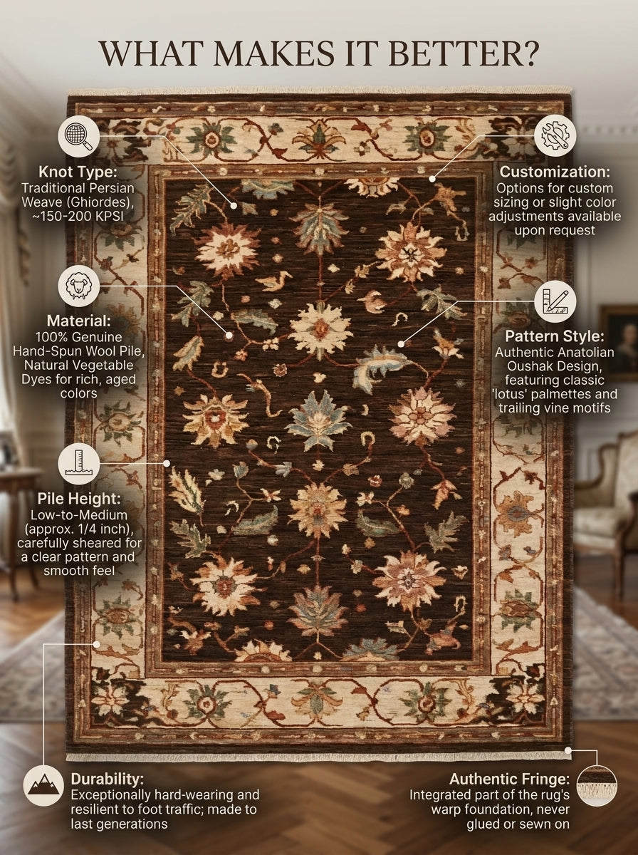 Oushak Hand Knotted Rug in espresso brown wool, with floral motifs, a beige border, rust vines and fringe
