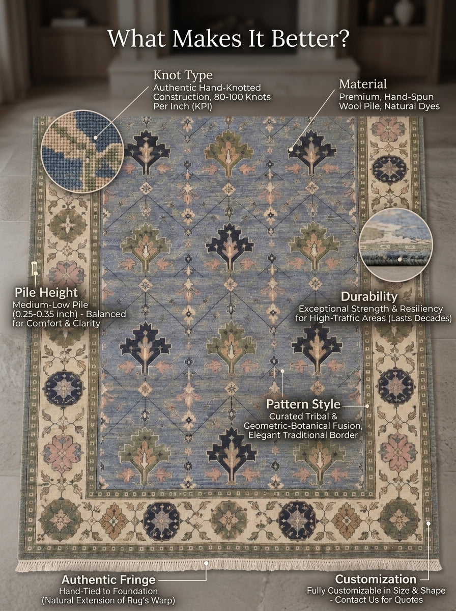 Cornflower Blue Geometric Hand Knotted Wool Rug, Tree Motif Ivory Sage Border