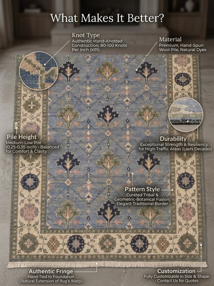 Cornflower Blue Geometric Hand Knotted Wool Rug, Tree Motif Ivory Sage Border