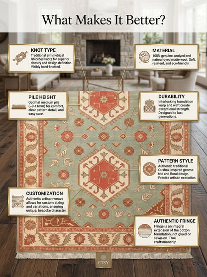 Sage Green Double Medallion Hand Knotted Wool Rug, Kazak Style Coral Ivory Border