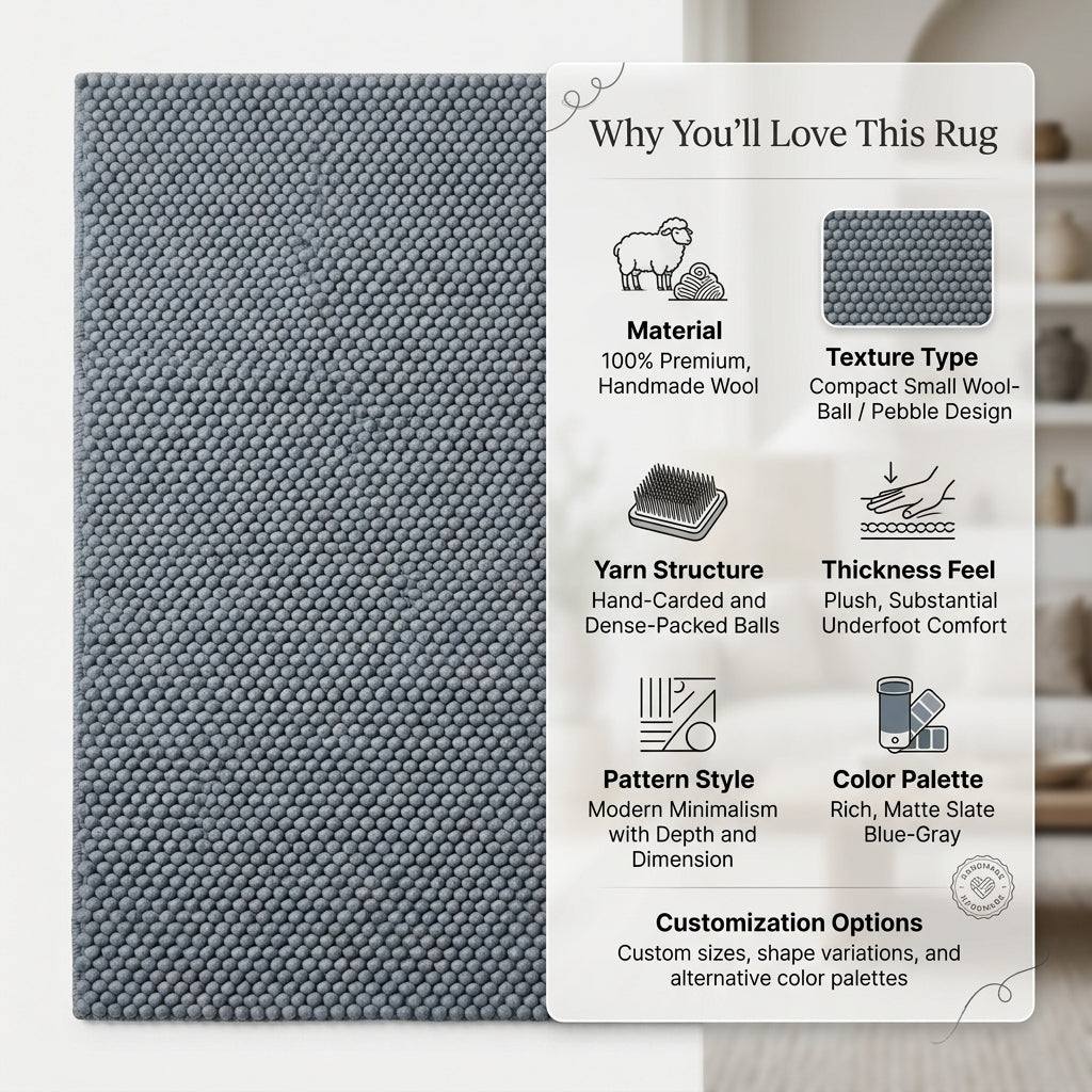 Chunky Wool Rug in muted slate blue-gray, with a dense handwoven pebble texture and thick rounded pile.