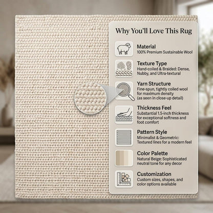 Chunky Wool Rug in natural beige wool, with dense hand-braided loops and a thick, ribbed geometric texture.
