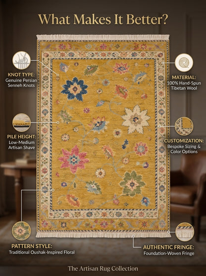 Mustard Yellow Floral Hand Knotted Wool Rug, Oushak Style Ivory Border