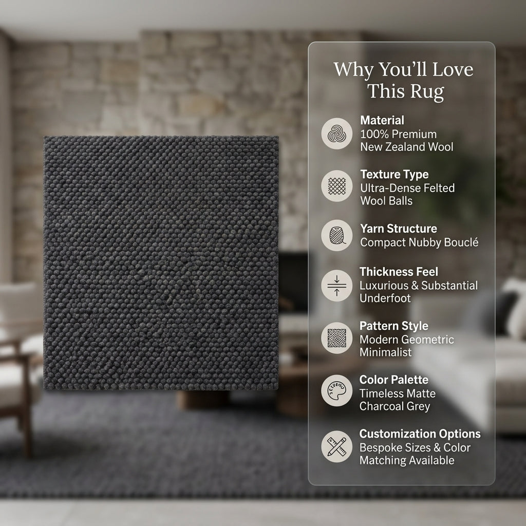 Chunky Wool Rug, Handwoven Pebble Texture Area Rug, Charcoal Gray Carpet, Modern Minimalist Scandinavian Decor, Thick Cozy Living Room Floor Rug