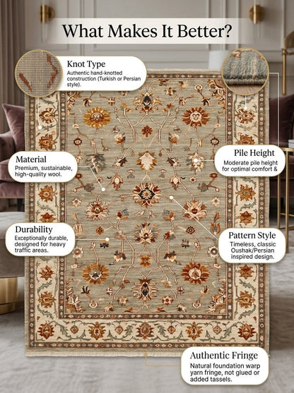 Oushak Hand Knotted Rug in sage gray wool with rust and ivory floral motifs, an ivory border and fringed ends.