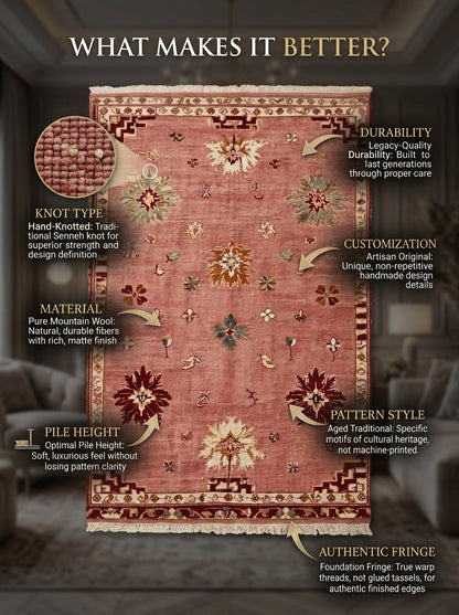 Oushak Hand Knotted Rug in dusty rose wool, with scattered floral motifs, burgundy border and fringed ends.