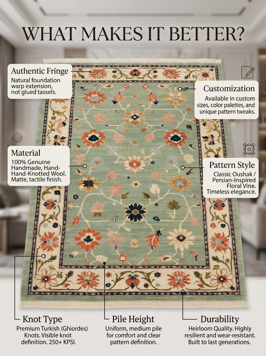 Oushak Hand Knotted Rug in mint green wool with coral, navy and gold florals, ivory floral border and fringed ends.