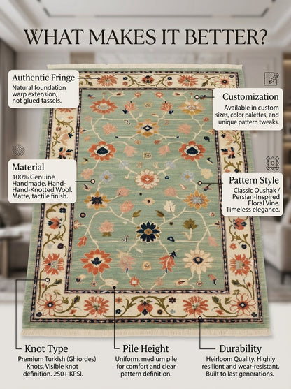 Oushak Hand Knotted Rug in mint green wool with coral, navy and gold florals, ivory floral border and fringed ends.