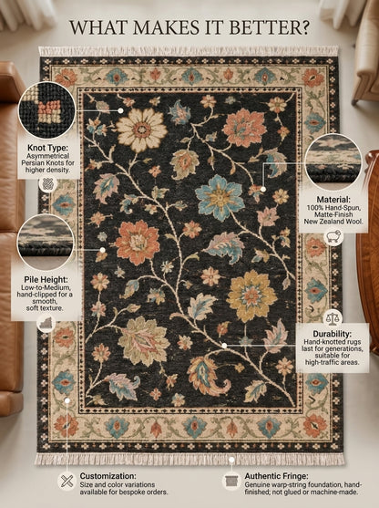 Charcoal Black Floral Hand Knotted Wool Rug, Oushak Style Ivory Border