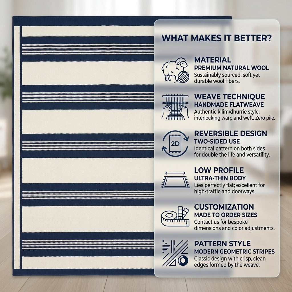 Flatweave wool rug with bold navy and ivory stripes, fine pinstripes, and a slim bordered edge; Southwestern Flatweave Wool Rug