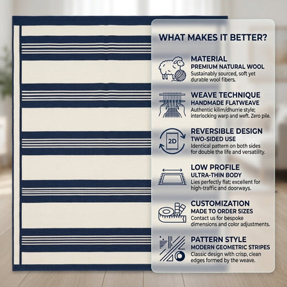 Flatweave wool rug with bold navy and ivory stripes, fine pinstripes, and a slim bordered edge; Southwestern Flatweave Wool Rug
