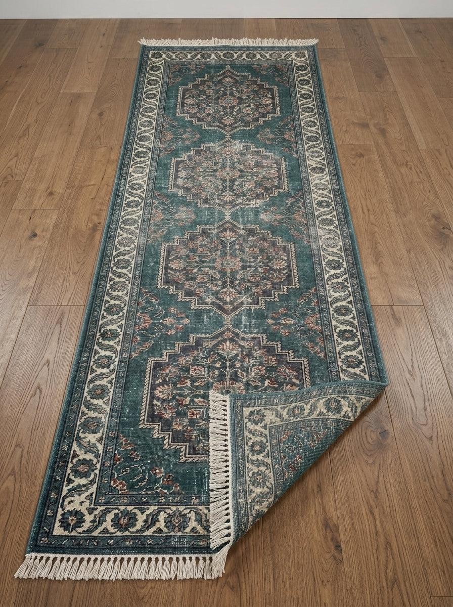 Hand Knotted Oushak Runner Rug in distressed teal wool, with stepped floral medallions, an ivory vine border and fringe.
