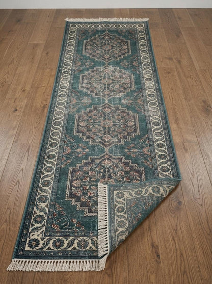 Hand Knotted Oushak Runner Rug in distressed teal wool, with stepped floral medallions, an ivory vine border and fringe.