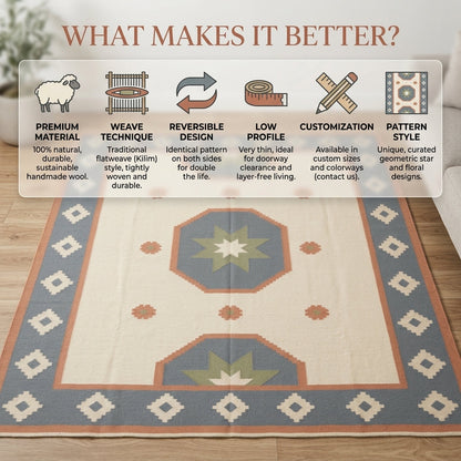 Southwestern Flatweave Wool Rug in ivory with dusty blue, peach and sage star medallions, geometric border and flatwoven texture.