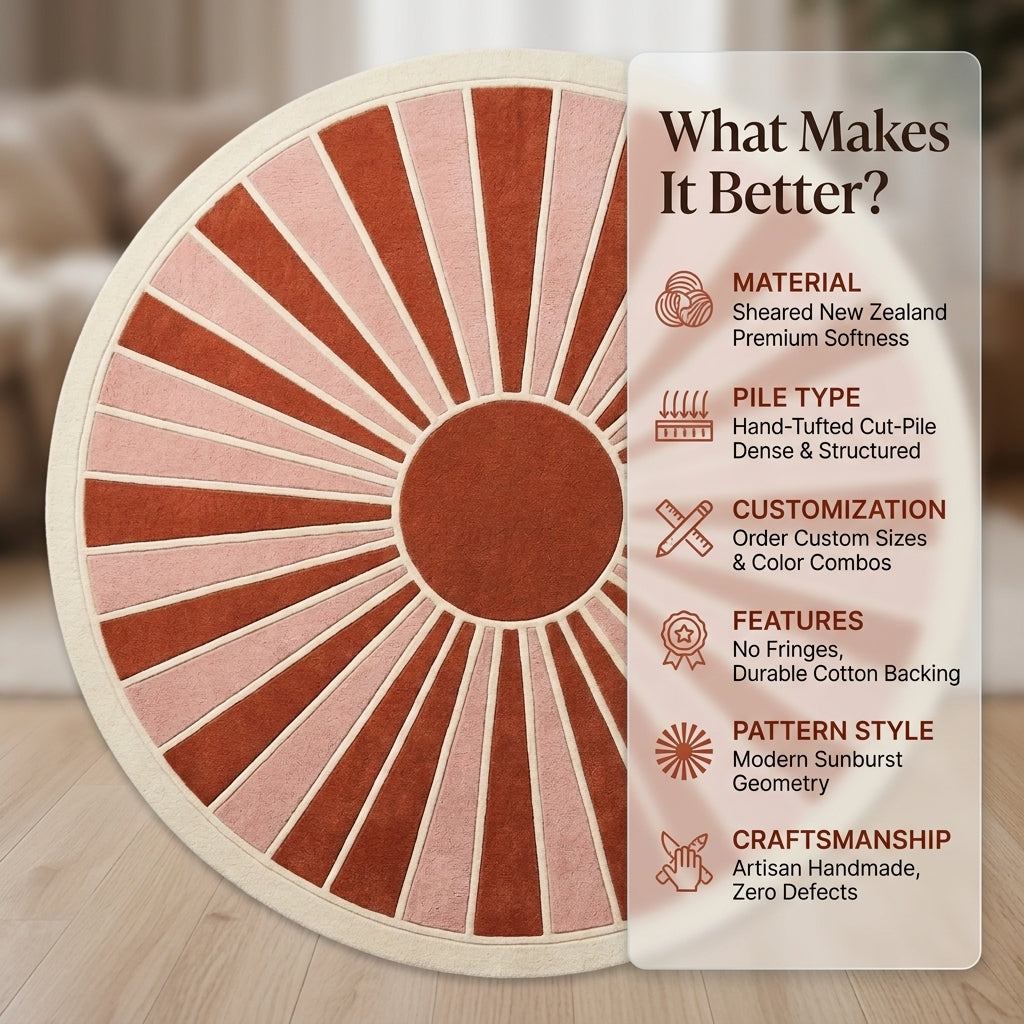 Oval sunburst rug with terracotta and blush pink rays, ivory outlines and border, featuring a Handmade Retro Rug design.