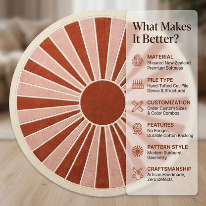 Oval sunburst rug with terracotta and blush pink rays, ivory outlines and border, featuring a Handmade Retro Rug design.