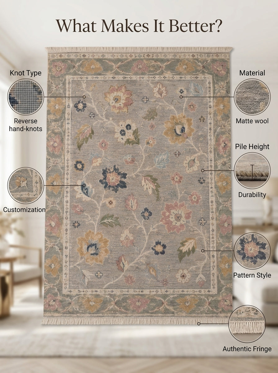 Dove Gray Floral Hand Knotted Wool Rug, Oushak Style Sage Green Border