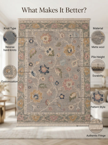 Dove Gray Floral Hand Knotted Wool Rug, Oushak Style Sage Green Border