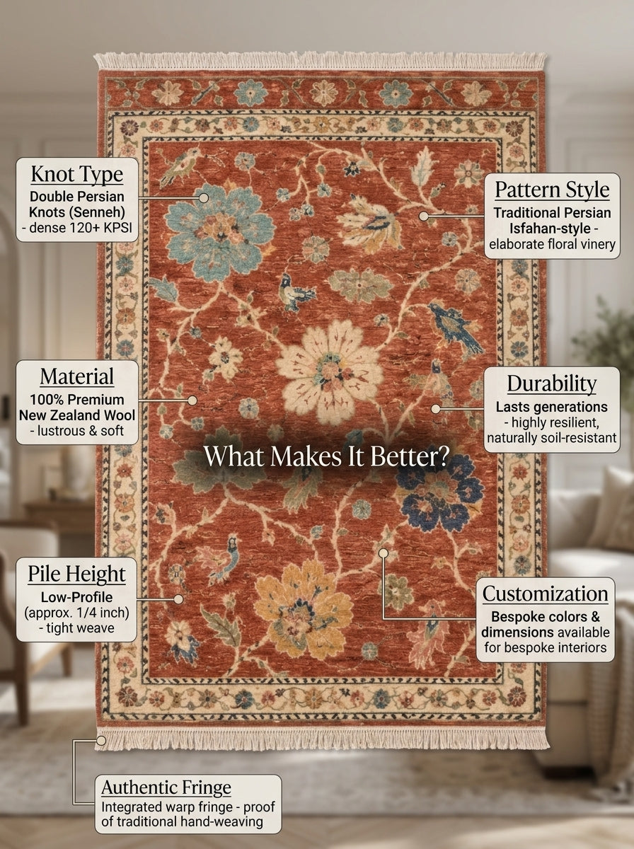 Terracotta Floral Bird Hand Knotted Wool Rug, Oushak Style Ivory Border