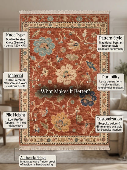 Terracotta Floral Bird Hand Knotted Wool Rug, Oushak Style Ivory Border