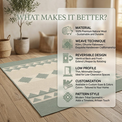 Southwestern Flatweave Wool Rug in sage green and cream, with ribbed texture and stepped geometric diamond and triangle bands.