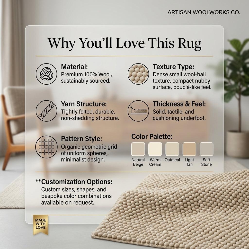 Chunky Wool Rug in natural oatmeal wool, with densely packed rounded pebbles and a thick tactile surface.