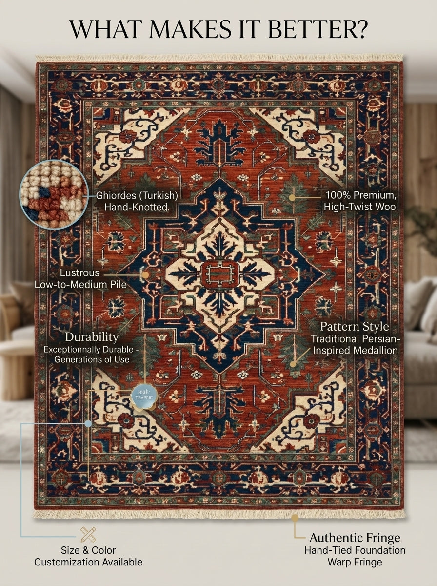 Heriz Hand Knotted Wool Rug in rust red and navy with ivory corners, geometric medallion, floral motifs and fringe.
