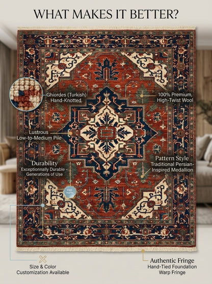 Heriz Hand Knotted Wool Rug in rust red and navy with ivory corners, geometric medallion, floral motifs and fringe.