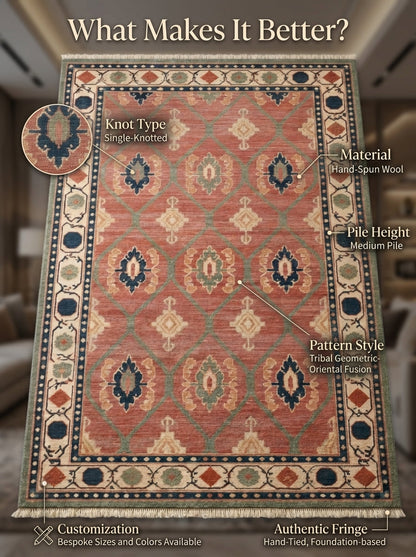 Oushak Hand Knotted Rug in coral pink wool, with sage lattice, geometric medallions, ivory border and fringe.
