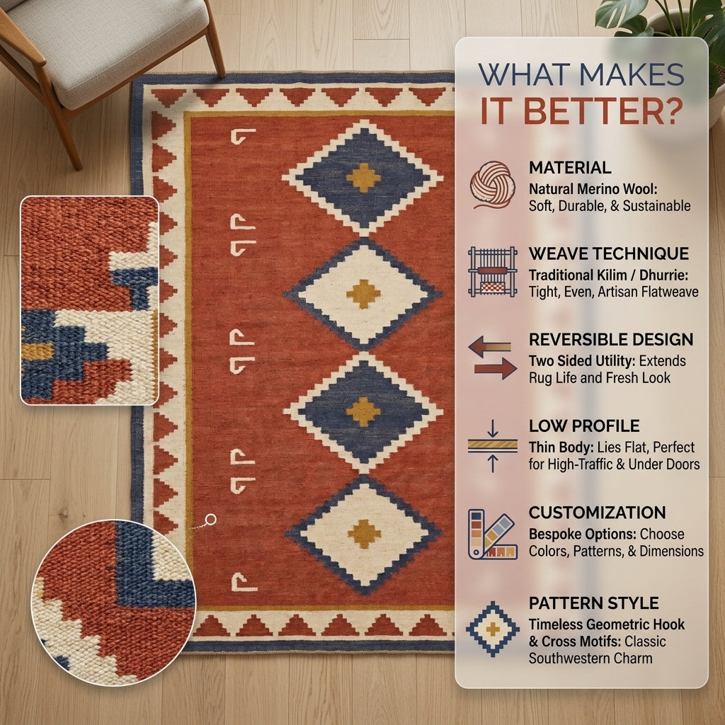 Southwestern Flatweave Wool Rug in rust red with navy, ivory and mustard stepped diamonds, tribal hooks and triangle border