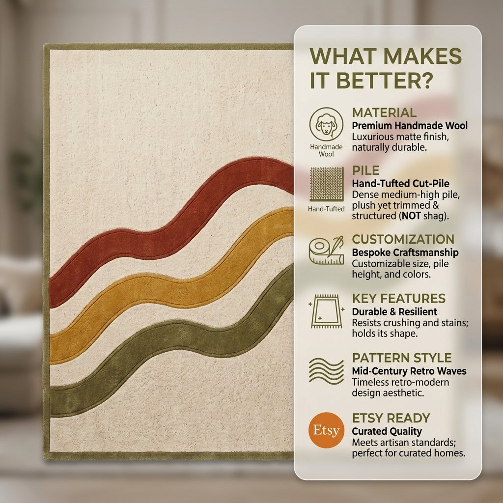 Hand Tufted Wavy Stripe Rug | Mid Century Retro Rug in Rust, Mustard & Olive - Wool Tufted Carpet