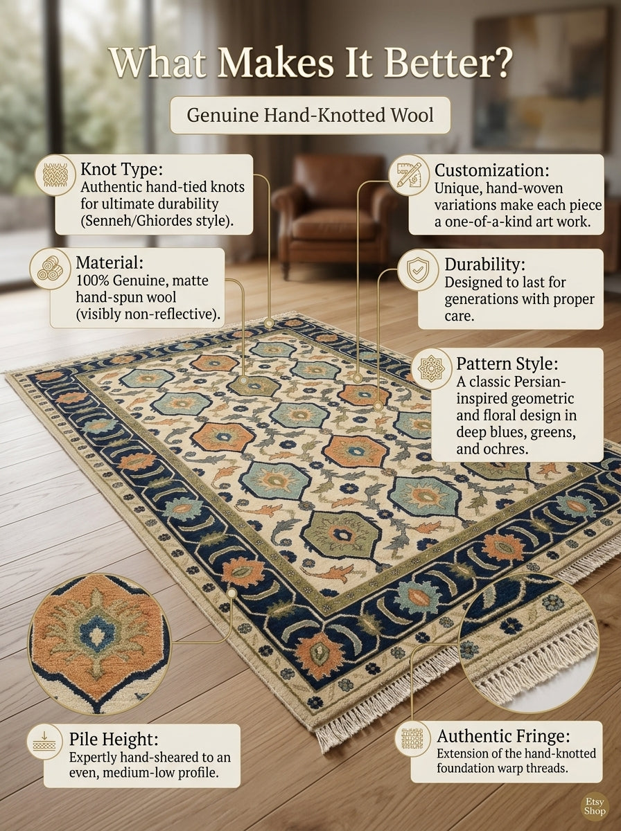 Ivory Navy Hexagon Medallion Hand Knotted Wool Rug, Aqua Orange Olive Geometric