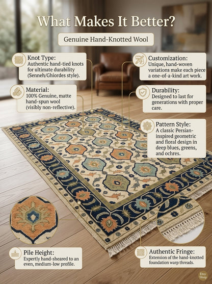 Ivory Navy Hexagon Medallion Hand Knotted Wool Rug, Aqua Orange Olive Geometric