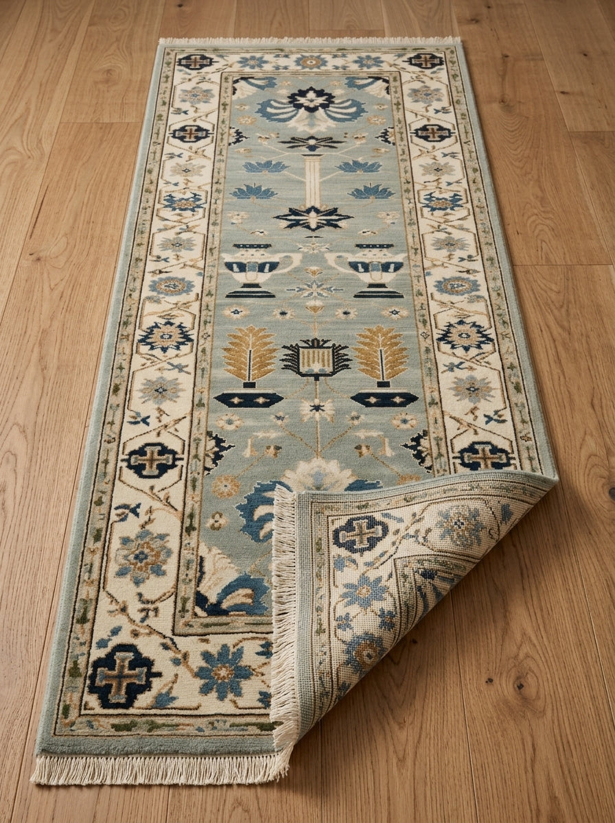 Hand Knotted Oushak Runner Rug in soft blue wool with ivory floral borders, navy and copper motifs, and fringe.
