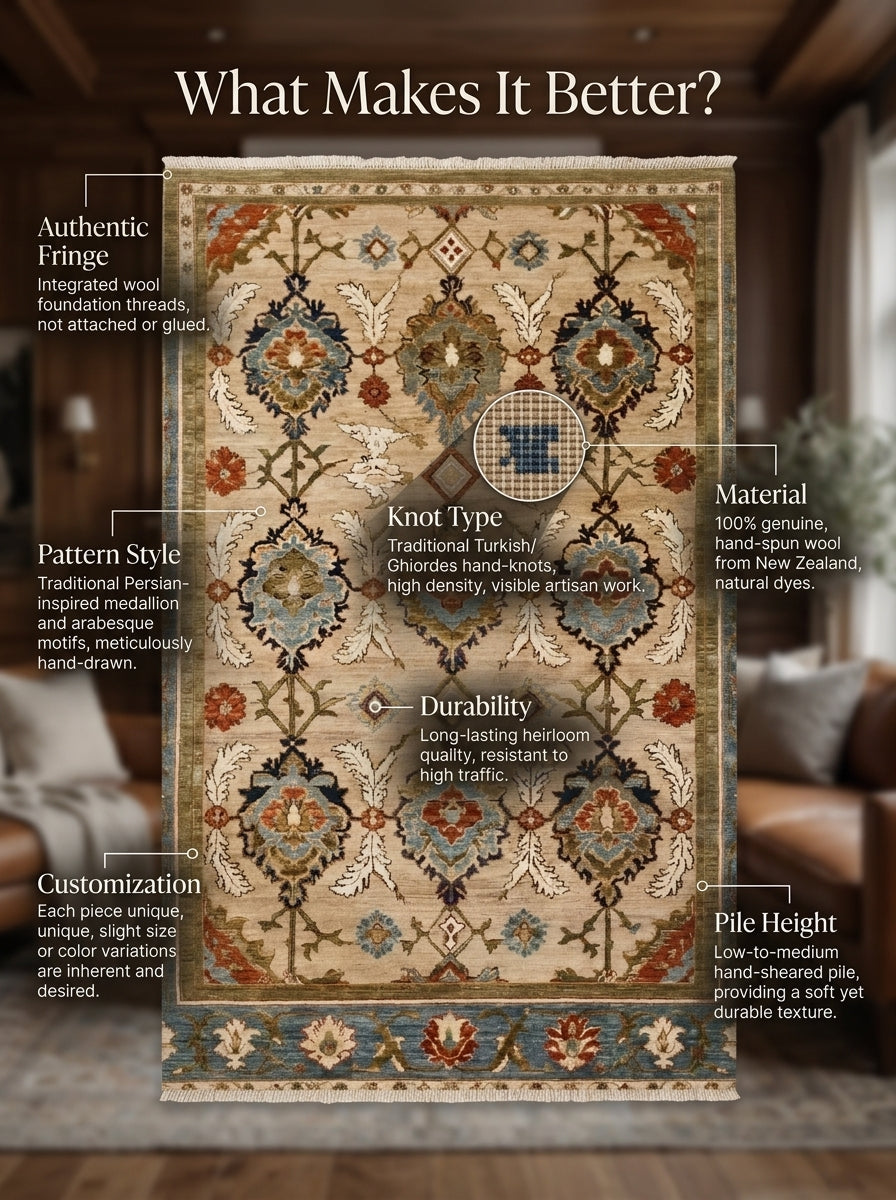 Oushak Hand Knotted Rug in camel beige wool, with a floral lattice, slate blue border, and fringed ends.